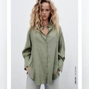 Zara Green Oversized Long Sleeve Blouse Button Up Shirt Top Minimalist Neutral